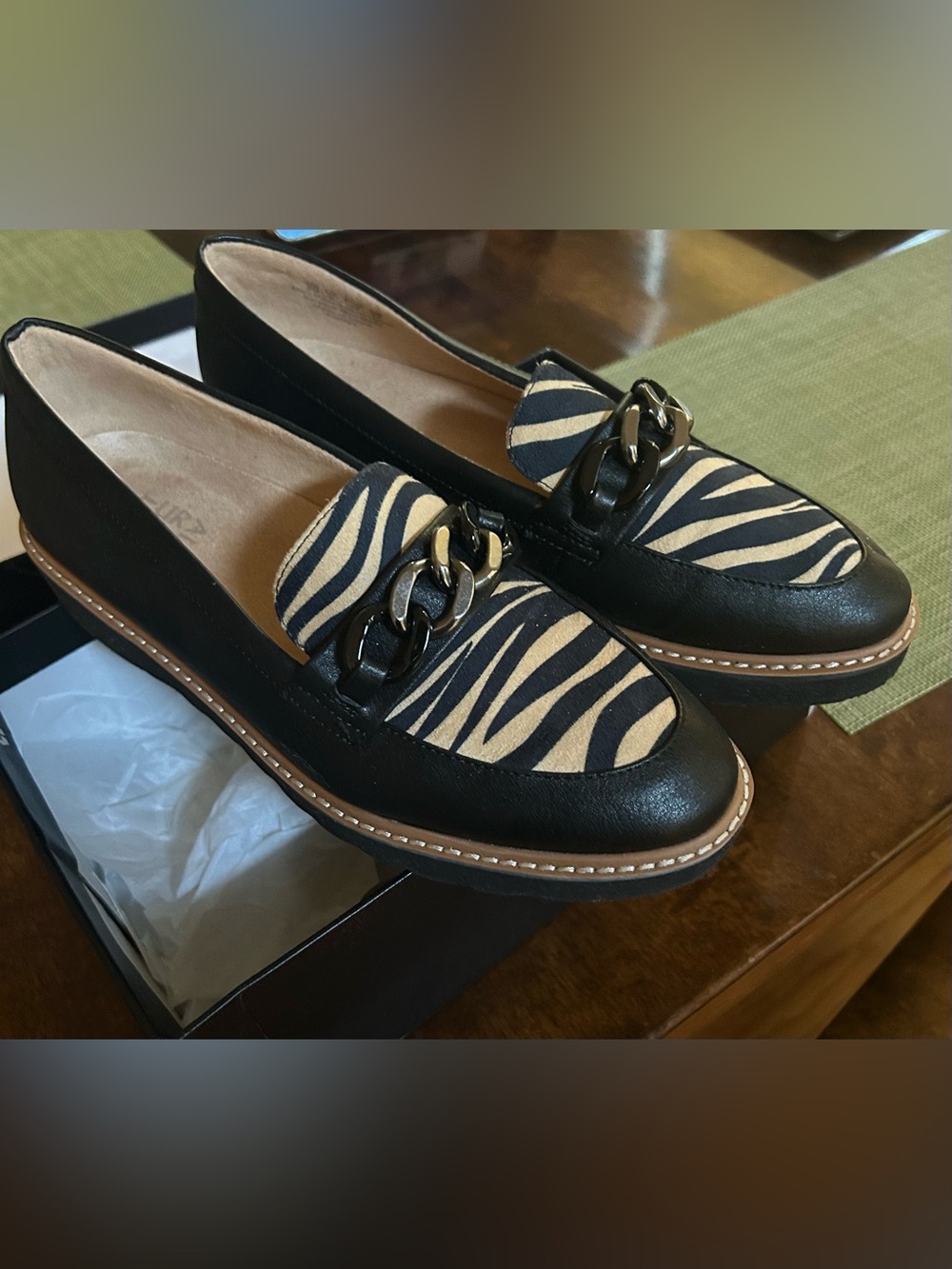 Naturalizer Black and Tan Zebra-Print Loafers with Chain Detail